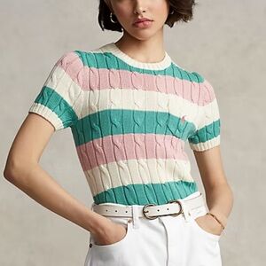 Polo Ralph Lauren Cable Knit Cotton Short Sleeve Sweater Pastel Stripe Spring XL